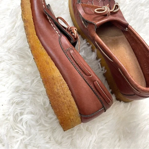 VTG 1970’s Sears Roebuck Brown Leather Thick Gum Sole Loafers w Fringe and Bow - Picture 10 of 15